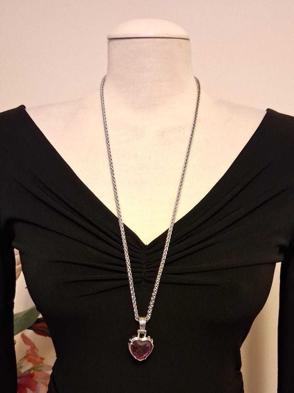 Vintage 80s Silver Plated Large Purple Cracked Crystal Heart Pendant Necklace